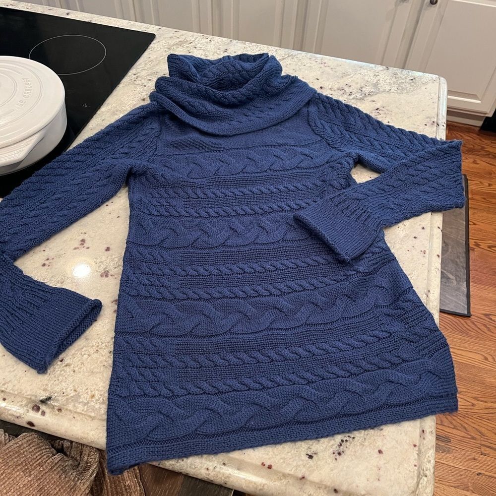 Yvos Cobalt Wool Blend Fisherman’s Cowl Neck Tunic Sweater sz S EUC